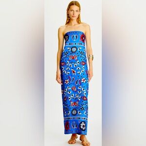 TORY BURCH PRINTED SILK STRAPLESS DRESS